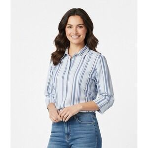 Studio Works Womens Button-Up 3/4 Sleeve Stripe Light Blue Shirt Tops PM